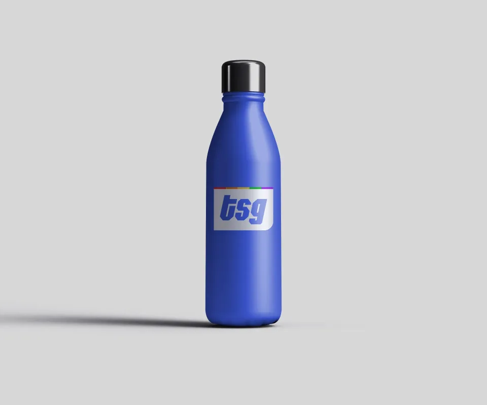 TSG Ferretería: Blue bottle with the TSG mark